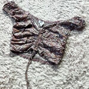 Y2K Floral Delicate Peasant Prairie Cottage Core Off Shoulder Crop Top Womens M
